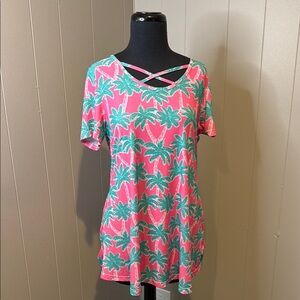 Simply Southern Small Pink Green Teal Relaxed Stretch Midi Palm Tree Print Midi